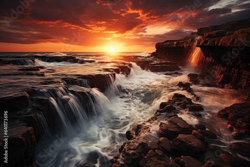 Dusk's Embrace: The Sublime Beauty of Small Waterfalls Illuminated by the Setting Sun