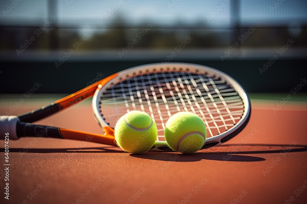 Racket and tennis balls on the court. Generative Ai