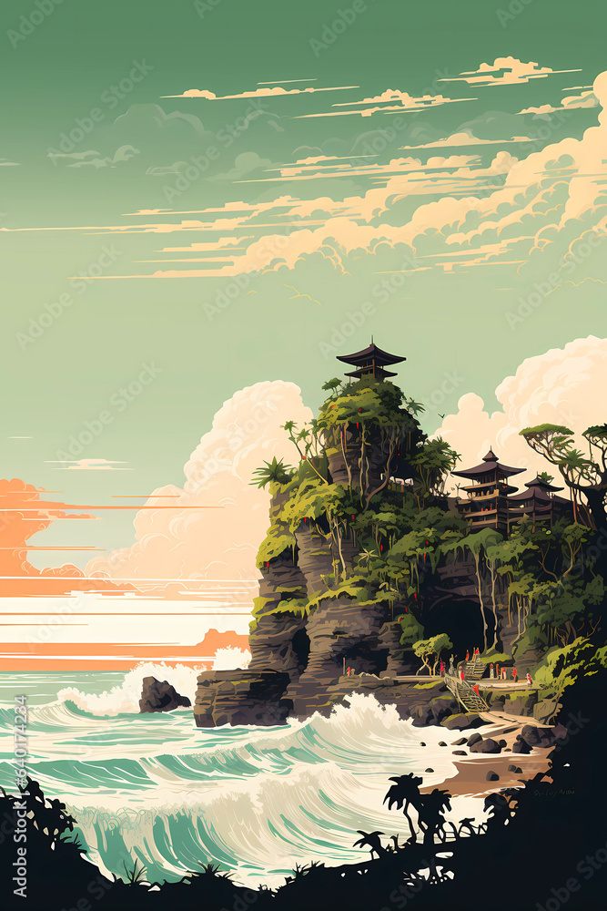 Illustration of a beautiful view of Tanah Lot, Bali, Indonesia