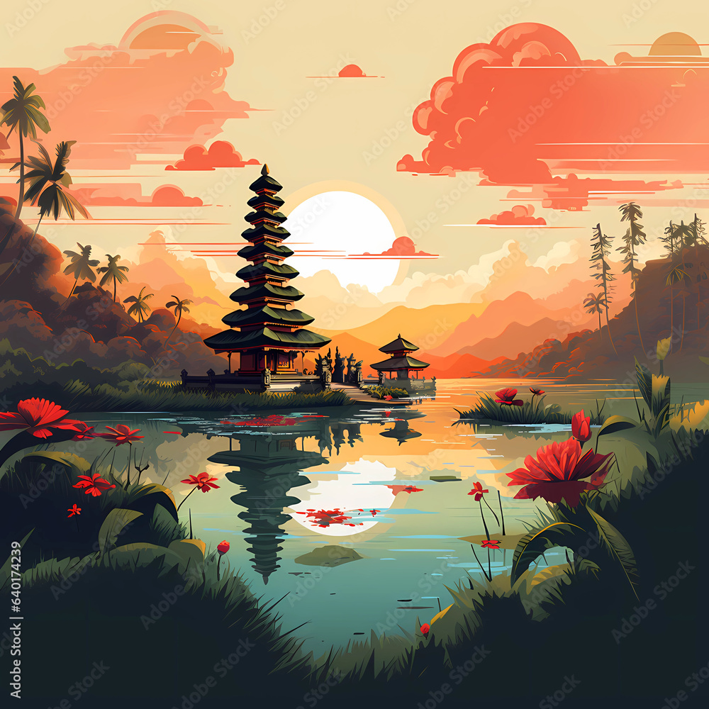 Illustration of a beautiful view of Ulun Danu, Bali, Indonesia