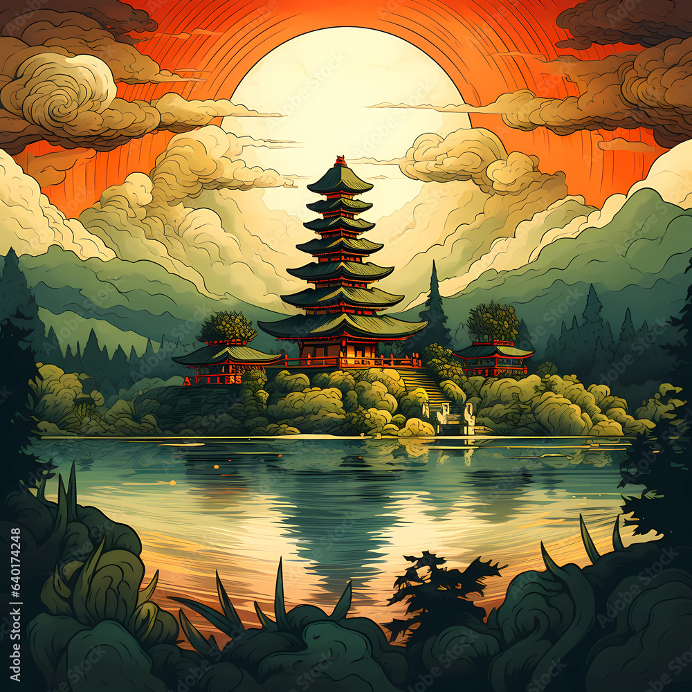 Illustration of a beautiful view of Ulun Danu, Bali, Indonesia