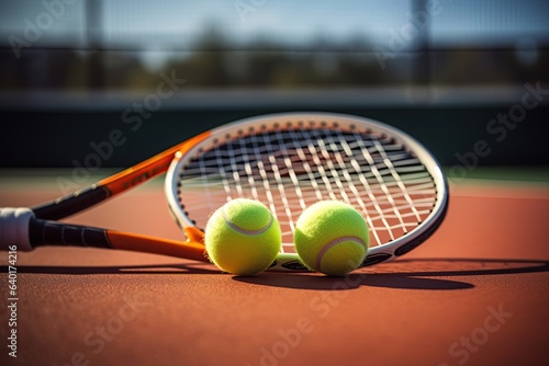Racket and tennis balls on the court. Generative Ai © ArtmediaworX