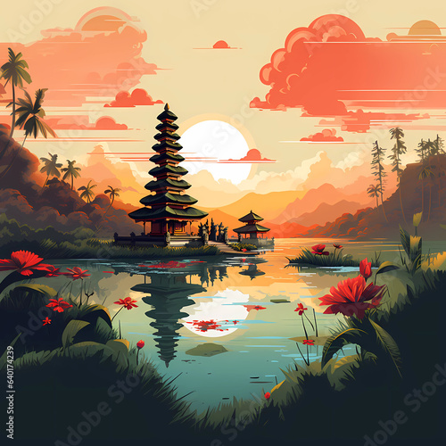 Illustration of a beautiful view of Ulun Danu, Bali, Indonesia