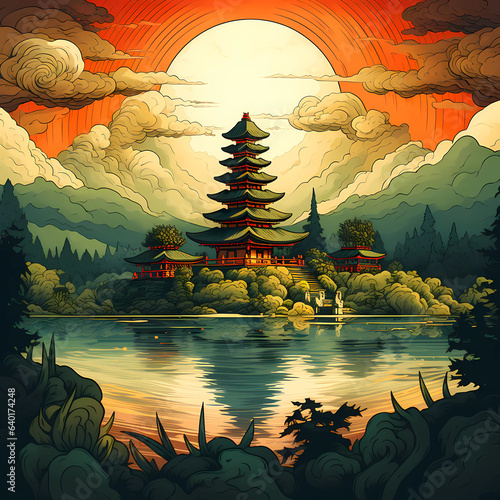 Obraz na płótnie Illustration of a beautiful view of Ulun Danu, Bali, Indonesia w salonie
