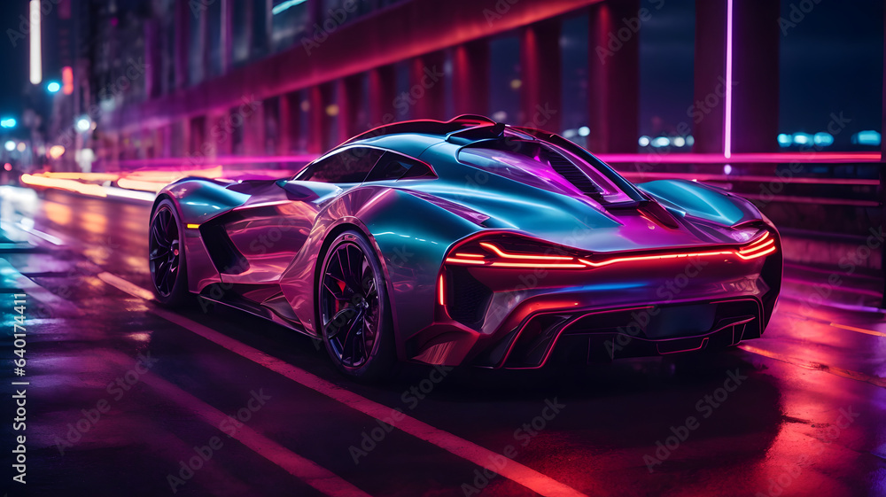 Futuristic Luxury Car On Neon Highway. Powerful acceleration of a premium car with colorful lights