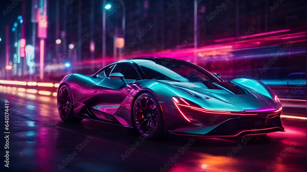 Futuristic Luxury Car On Neon Highway. Powerful acceleration of a premium car with colorful lights Futuristic Luxury Car On Neon Highway. Powerful acceleration of a premium car with colorful lights