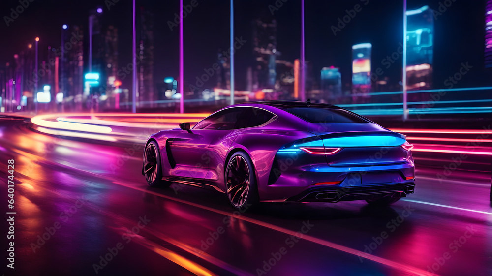 Futuristic Luxury Car On Neon Highway. Powerful acceleration of a premium car with colorful lights Futuristic Luxury Car On Neon Highway. Powerful acceleration of a premium car with colorful lights