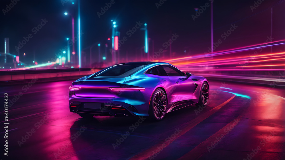 Futuristic Luxury Car On Neon Highway. Powerful acceleration of a premium car with colorful lights Futuristic Luxury Car On Neon Highway. Powerful acceleration of a premium car with colorful lights