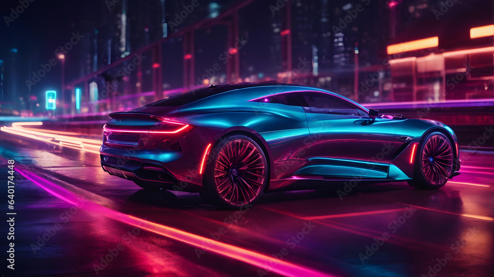 Futuristic Luxury Car On Neon Highway. Powerful acceleration of a premium car with colorful lights Futuristic Luxury Car On Neon Highway. Powerful acceleration of a premium car with colorful lights