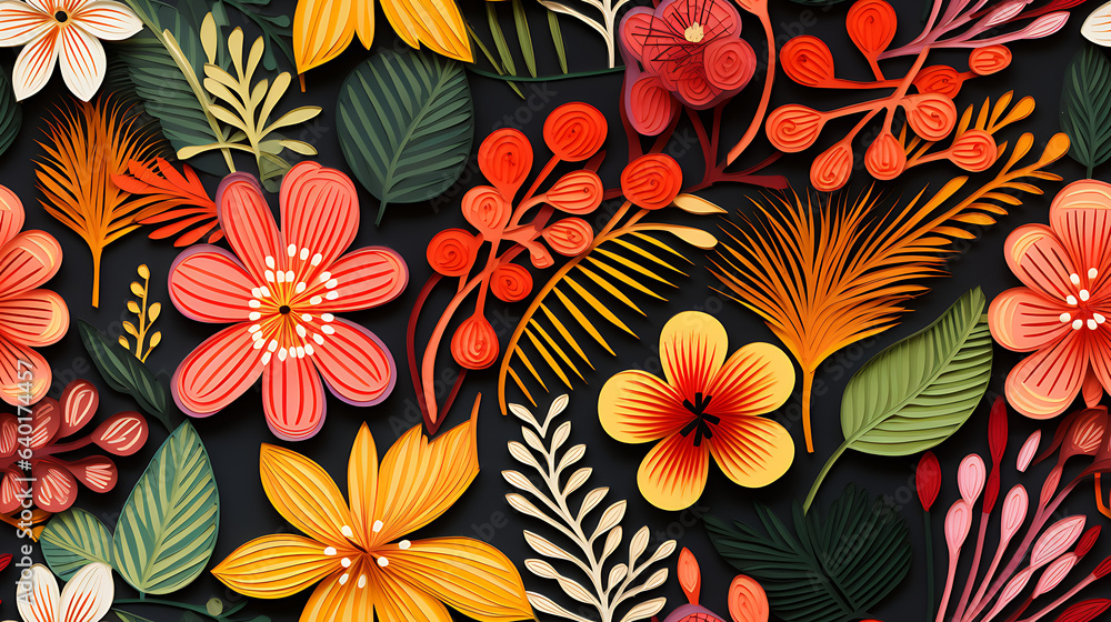A lively and colorful stylish retro jungle pattern with painted leaves and blossoms - rain forest, Playful and charming - Seamless tile. Endless and repeat print. A lively and colorful stylish retro jungle pattern with painted leaves and blossoms - rain forest, Playful and charming - Seamless tile. Endless and repeat print.