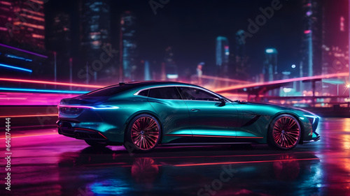 Futuristic Luxury Car On Neon Highway. Powerful acceleration of a premium car with colorful lights © Svitlana