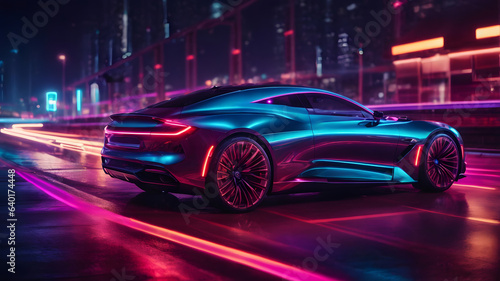 Futuristic Luxury Car On Neon Highway. Powerful acceleration of a premium car with colorful lights