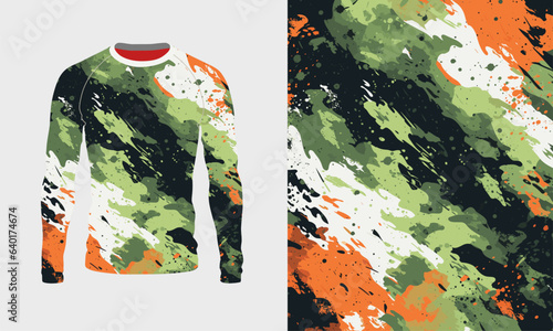 Long sleeve jersey camo texture for hunting, extreme sport, racing, cycling, training, motocross, travel. Vector backdrop