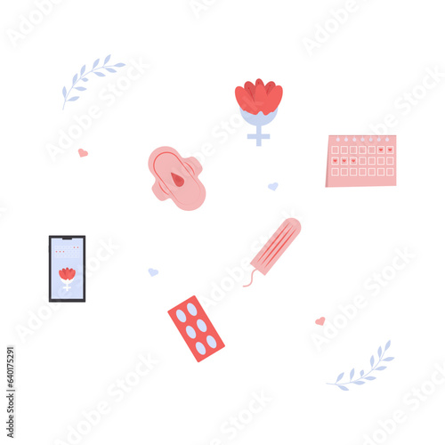 Vector menstrual set: sanitary napkin, tampon, pain pills, gender female symbol with flower, smartphone, calendar.
Collection of illustrations on the theme of critical days, eps 10.