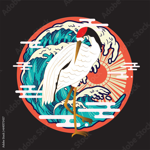 crane illustration design for sukajan is mean japan traditional cloth or t-shirt with digital hand drawn Embroidery Men T-shirts Summer Casual Short Sleeve Hip Hop T Shirt Streetwear
