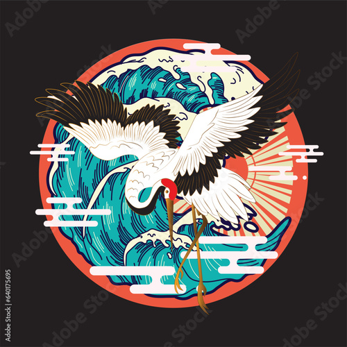 crane illustration design for sukajan is mean japan traditional cloth or t-shirt with digital hand drawn Embroidery Men T-shirts Summer Casual Short Sleeve Hip Hop T Shirt Streetwear

