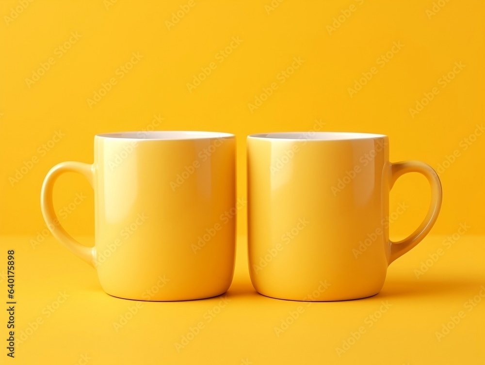 Two mugs mockup on yellow background generative ai Two mugs mockup on yellow background generative ai