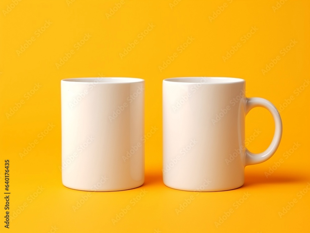 Two mugs mockup on yellow background generative ai Two mugs mockup on yellow background generative ai