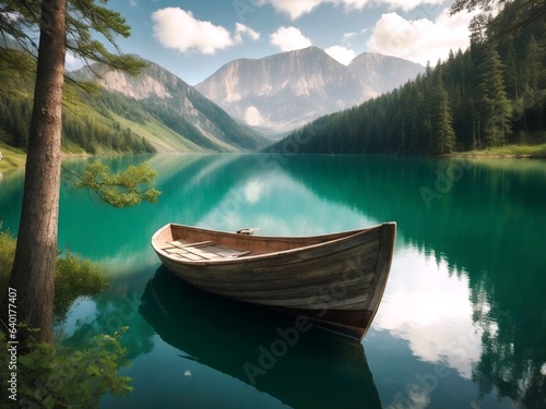 Beautiful lake with mountains around and a small boat