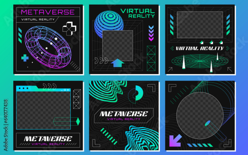 Retrofuturistic posts with abstract 3d wireframes geometry objects from line grid. Geometric shapes silhouette in vaporwave style. Design figures in perspective view. Vector outline illustration set