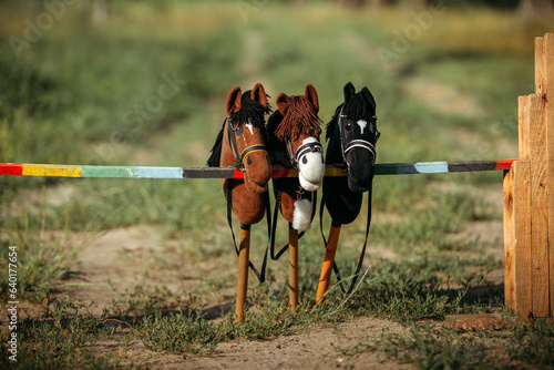 Three toys for hobbyhorsing. Toys stand on the obstacle for jumping. photo