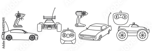Set of Radio controlled car with control joystick, the toy car with a remote control,Rc design. Electric buggy, toy, auto radio control, vector design and illustration of rc car icon, 