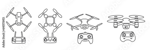 Icon set of drone quadrocopter with action camera, Drone icons set. Collection of 4 drone's isolated on white background. Vector illustration