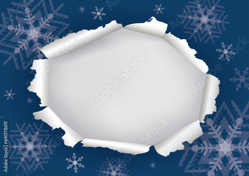 
Christmas ripped paper hole, vblue background.
Illustration of blue torn paper background with snowflakes and place for your text or image. Vector available. photo