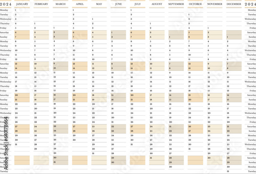 2024 yearly calendar, 12 months large minimalist planner Monday start, landscape orientation