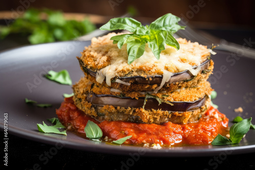 Delectable Eggplant Parmesan featuring a perfectly fried crust, layers of tangy tomato sauce, and melted cheese, creating a savory and aromatic Italian vegetarian dish