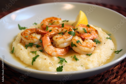 a mouthwatering dish of Shrimp and Grits, elevated with a delightful twist of zesty lemon and fragrant garlic