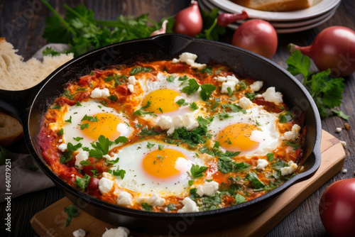 Indulge in a mouthwatering Shakshuka topped with melted feta cheese and a sprinkle of fresh herbs for a truly delectable experience