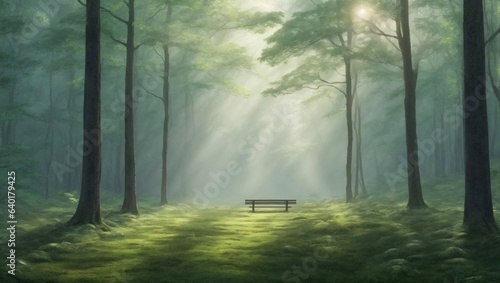 Morning in forest tall trees with empty banch © Love Mohammad