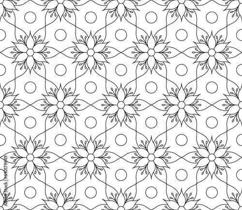 Seamless vector pattern. Black and white linear drawing. Coloring book, colouring page for children and adults. Abstract geometric design. Monochrome illustration. Easy to edit color and line weight