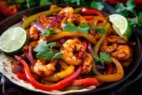 A mouth-watering close-up of shrimp fajitas with grilled onions, bell peppers, cilantro, and lime wedges, showcasing the savory and spicy flavors of Tex-Mex cuisine