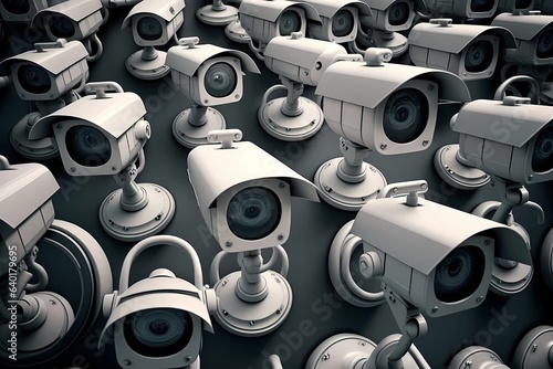 Many CCTV security surveillance cameras. Dystopian big brother spy and monitoring control concept. Mass equipments cam and lenses 2030 agenda govern control. stress and excess concept. Generative AI