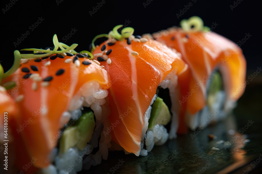 A mouthwatering shot showcasing a salmon sushi roll adorned with sesame seeds and green onions, enticingly close-up A mouthwatering shot showcasing a salmon sushi roll adorned with sesame seeds and green onions, enticingly close-up
