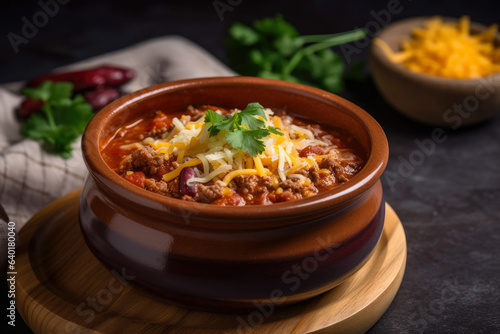 The photo features a rustic ceramic bowl filled with spicy chili con carne, topped with melted cheddar cheese and fresh chopped cilantro garnish © aicandy