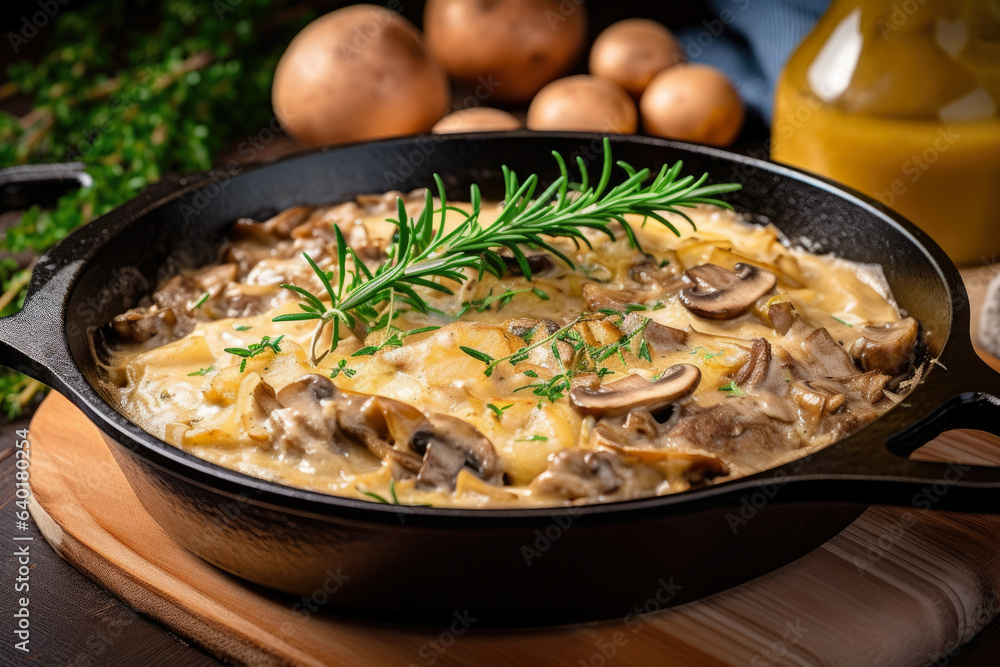 A delicious beef stroganoff in a cast-iron skillet, topped with a crispy potato pancake and a sprig of fresh thyme for added flavor A delicious beef stroganoff in a cast-iron skillet, topped with a crispy potato pancake and a sprig of fresh thyme for added flavor