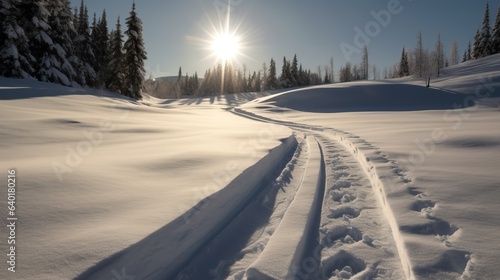 Footprints, prints in snow in forest, sunset background. Active recreation, winter sports. AI generated.
