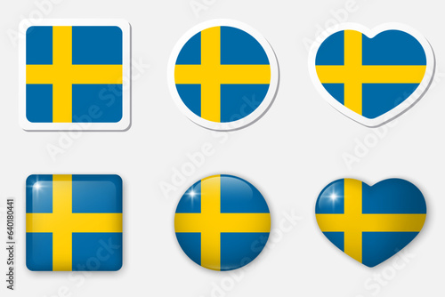 Flag of Sweden icons collection. Flat stickers and 3d realistic glass vector elements on white background with shadow underneath.