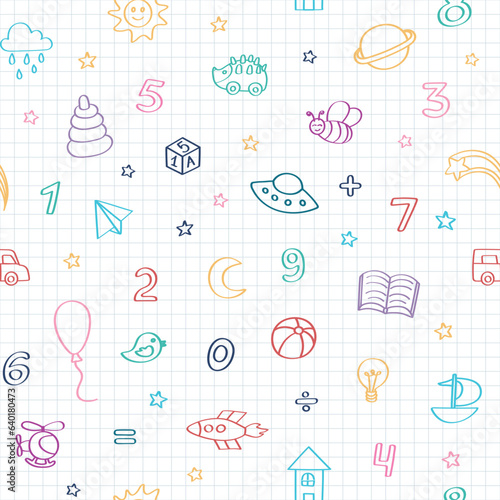 Children's doodle plain set of different hand-drawn icons. Kindergarten. Vector seamless pattern with childish doodle elements drawn in blue pen in a school notebook for backgrounds, web design, desig