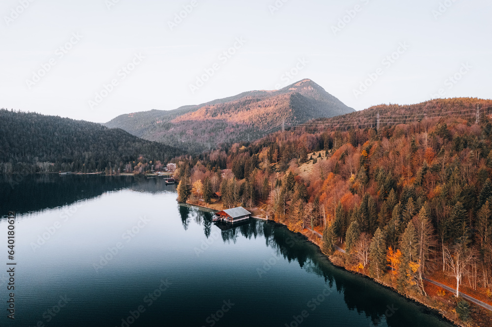 Aerial Photo of Lake Walchensee, behind Jochberg, Upper Bavaria, Germany Europe