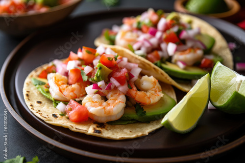 Here's a close-up of mouthwatering Ceviche Tacos featuring grilled shrimp, avocado, and Pico de Gallo, all beautifully combined