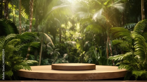 bright wooden podium set amidst a lush tropical forest, Generative AI