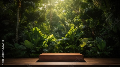 bright wooden podium set amidst a lush tropical forest, Generative AI