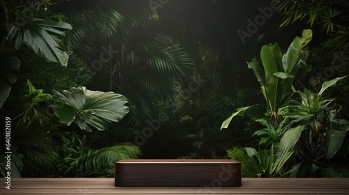 bright wooden podium set amidst a lush tropical forest   Generative AI
