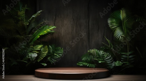 bright wooden podium set amidst a lush tropical forest, Generative AI