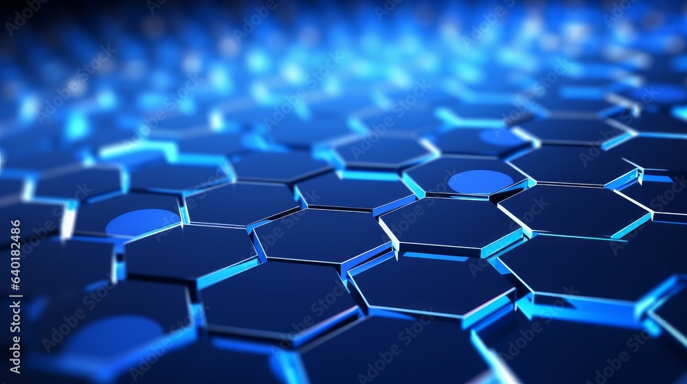 A backdrop of abstract blue hexagons emerges, embodying a technological essence. A backdrop of abstract blue hexagons emerges, embodying a technological essence.