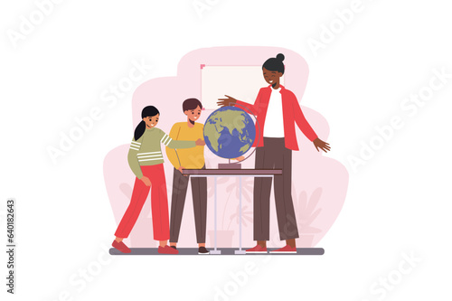 Concept geography lesson with people scene in the flat cartoon design. A geography teacher teaches students to work with a globe. Vector illustration.